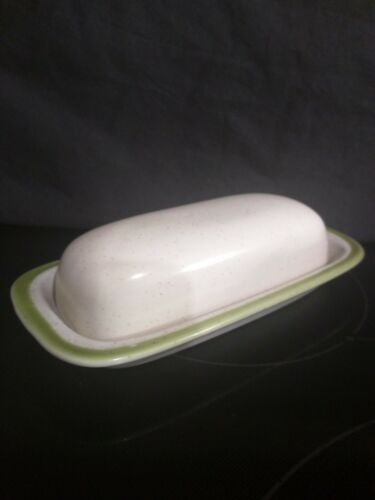 MidCentury Modern Meadowbrook Stoneware Speckled Butter Dish Avocado Green Japan