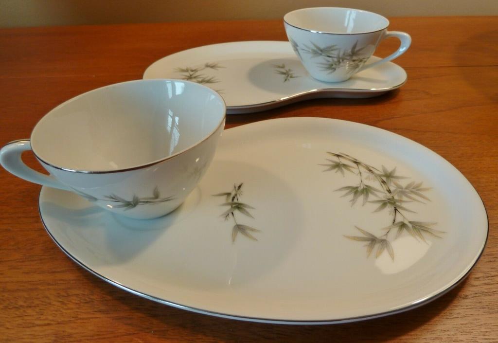 2 Arita fine china snack plates with tea cup, gray green bamboo stalks leaves