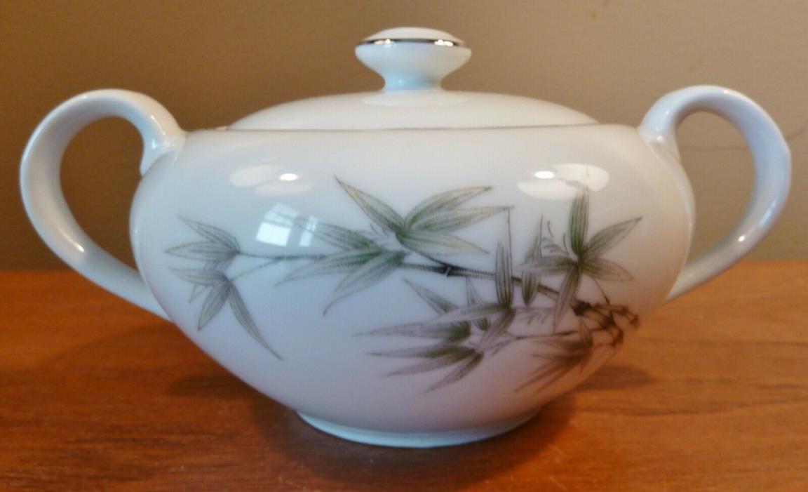 Arita fine china of Japan sugar bowl with lid, gray green bamboo stalks leaves