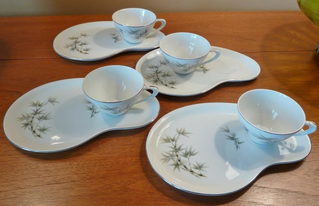 4 Arita fine china snack plates with tea cup, gray green bamboo stalks leaves