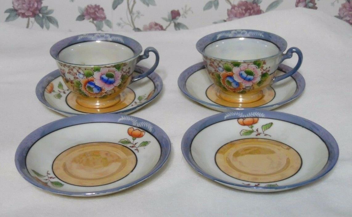 2 Cups 4 Saucers  Opalescent Floral Purple Orange Japan T