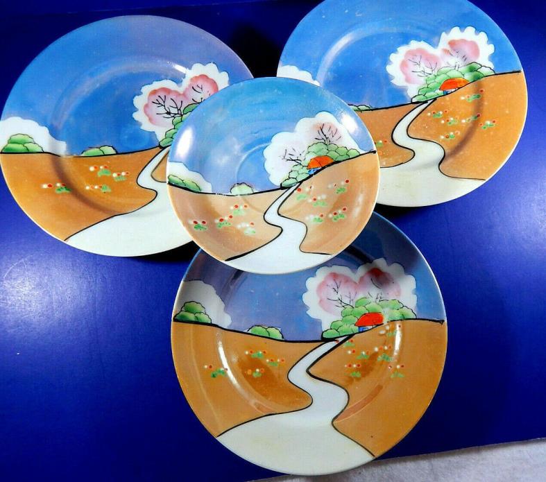 Vintage Orange and Blue Lusterware with Country Scene Lot of 4 Plates
