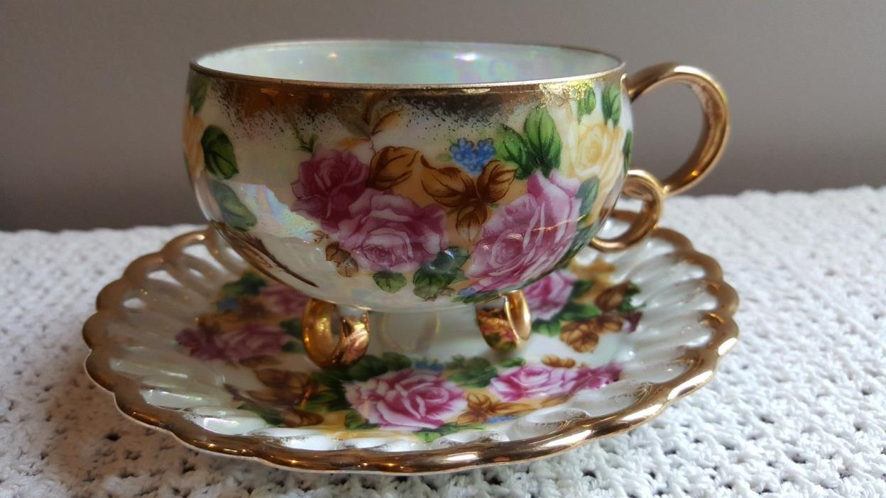 ROYAL SEALY JAPAN CHINA LUSTER 3 FOOTED RETICULATED PINK ROSES TEA CUP & SAUCER