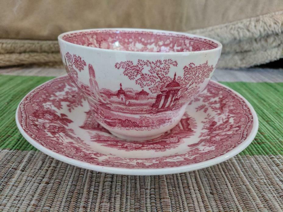 MASON'S CRANBERRY PINK FOUNTAINS CUP AND SAUCER SET ENGLAND