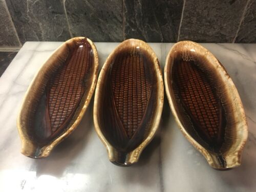 3 McCoy Brown Drip Pottery #7316 CORN ON THE COB SERVING DISHES