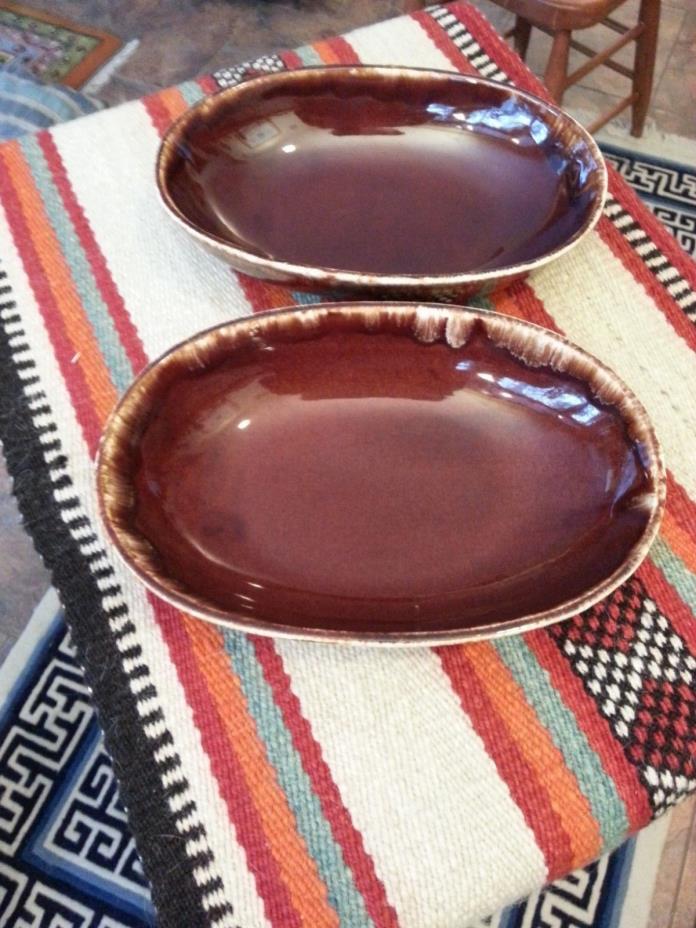 2 Vintage Kathy Kale McCoy Brown Drip Ceramic Oval Serving Bowl, collectible