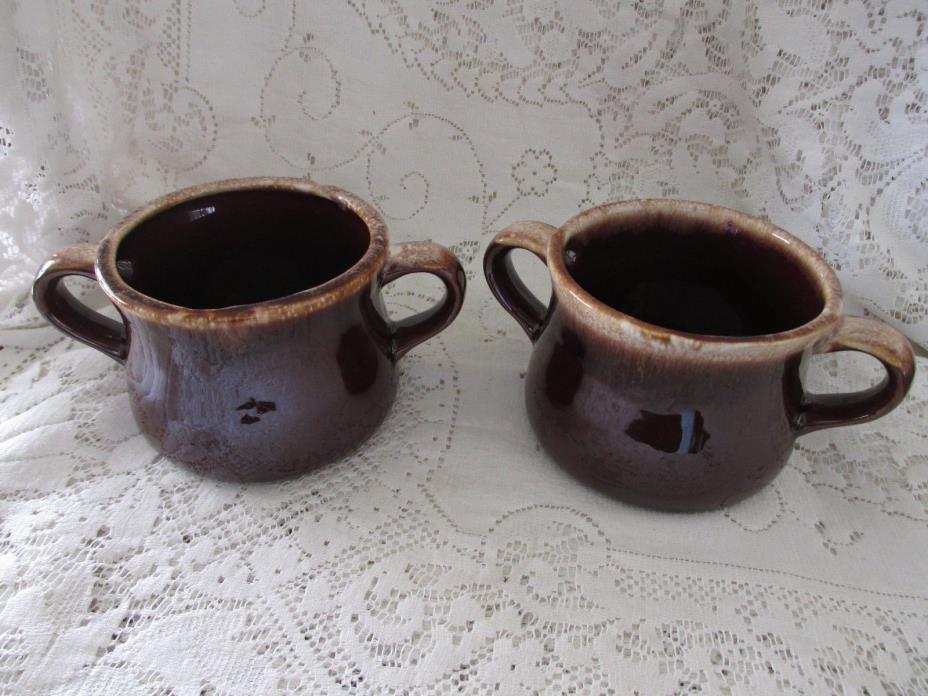 Two Vintage McCoy Brown Drip Double Handled Chili Soup Bowls
