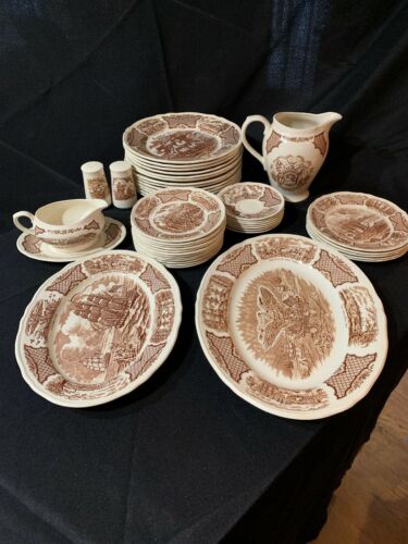 44Pcs Alfred Meakin Fair Winds Brown Staffordshire China Plates Platters Gravy