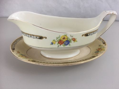 Alfred Meakin England China Gravy Boat With Under Plate Yellow Rim Floral VTG