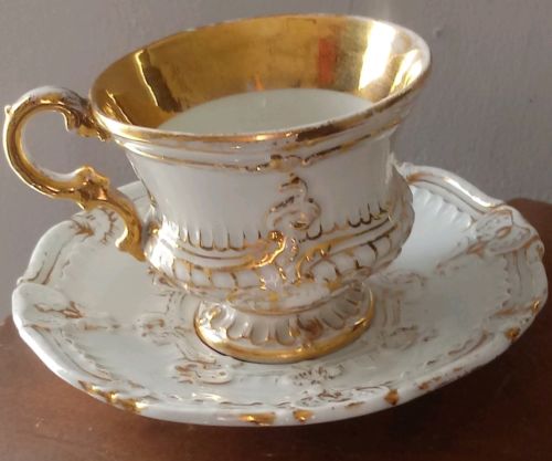 Rare Gold & Ivory Antique Meissen Tea Cup & Saucer- 1800's Blue crossed swords