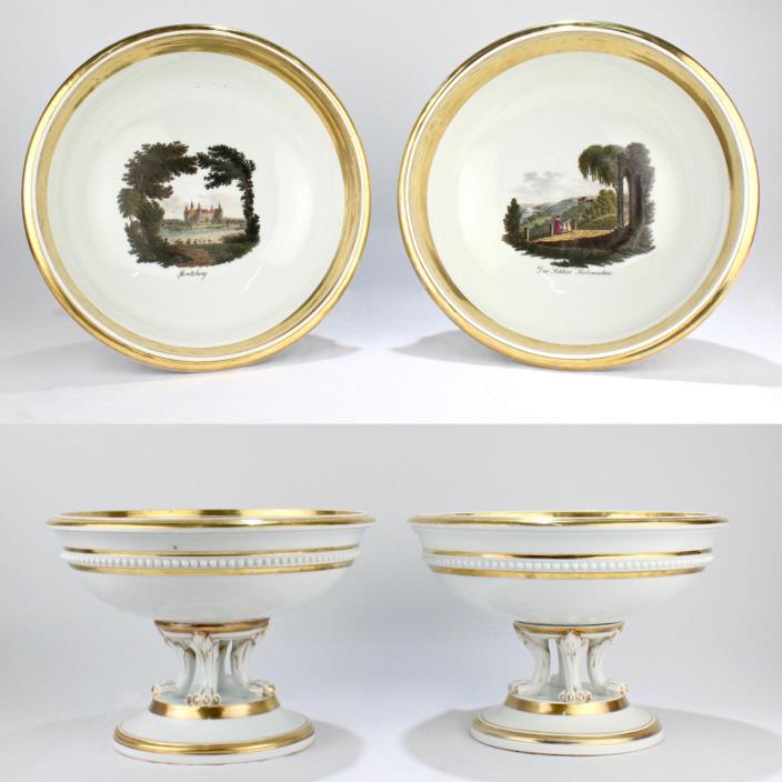 Pair of Large Antique Meissen Topographical Footed Bowls - Tazza Centerpieces PC