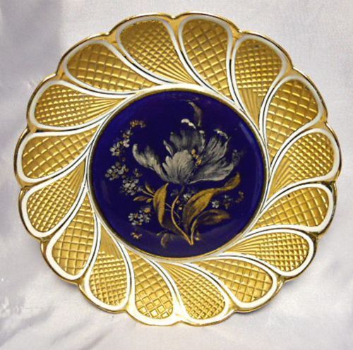 Antique Large Meissen Porcelain Plate With Floral Platinum Painting