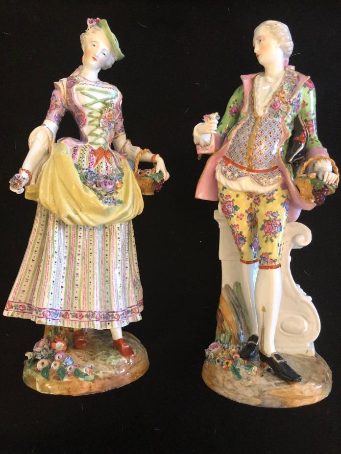 Monumental pair of antique Meissen style porcelain figures of a gallant and lady