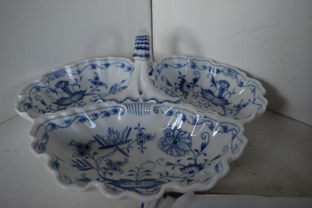 Vintage Meissen Blue Onion Sword Mark Three Sided Relish Dish 13 by 11.5 by 5”