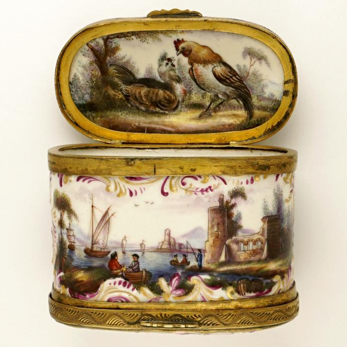 Antique German Porcelain Snuff Box Dual Sided Lids Hand Painted Harbor Scenes