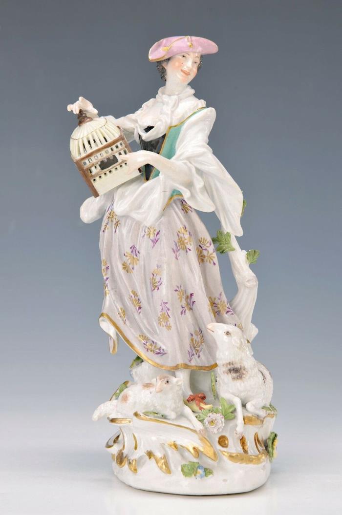 18th Century Amazing Meissen Large Porcelain 1750 Female shepherd with Birdcage