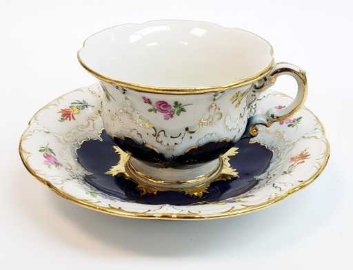 Meissen Porcelain Cobalt Floral Tea Cup and Saucer