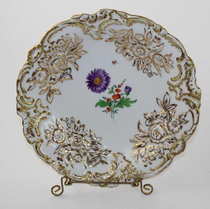 Stunning Very Large Meissen Hand Painting Flowers With Gold Charger Plate