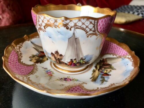 Fine 18th Century Meissen Cup and Saucer Hand Painted Coastal Scenes
