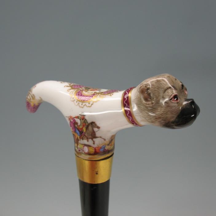 18th Century Meissen porcelain PUG dog walking stick cane handle
