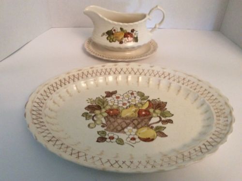 Vernon Ware by Metlox Platter & Gravy Boat, Fruit Basket Pattern, 1960’s