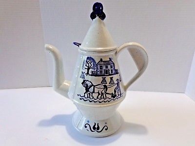 Vintage Metlox USA Provincial Blue Poppyt Tall Coffee Tea Pot w/ Lid Horse Buggy