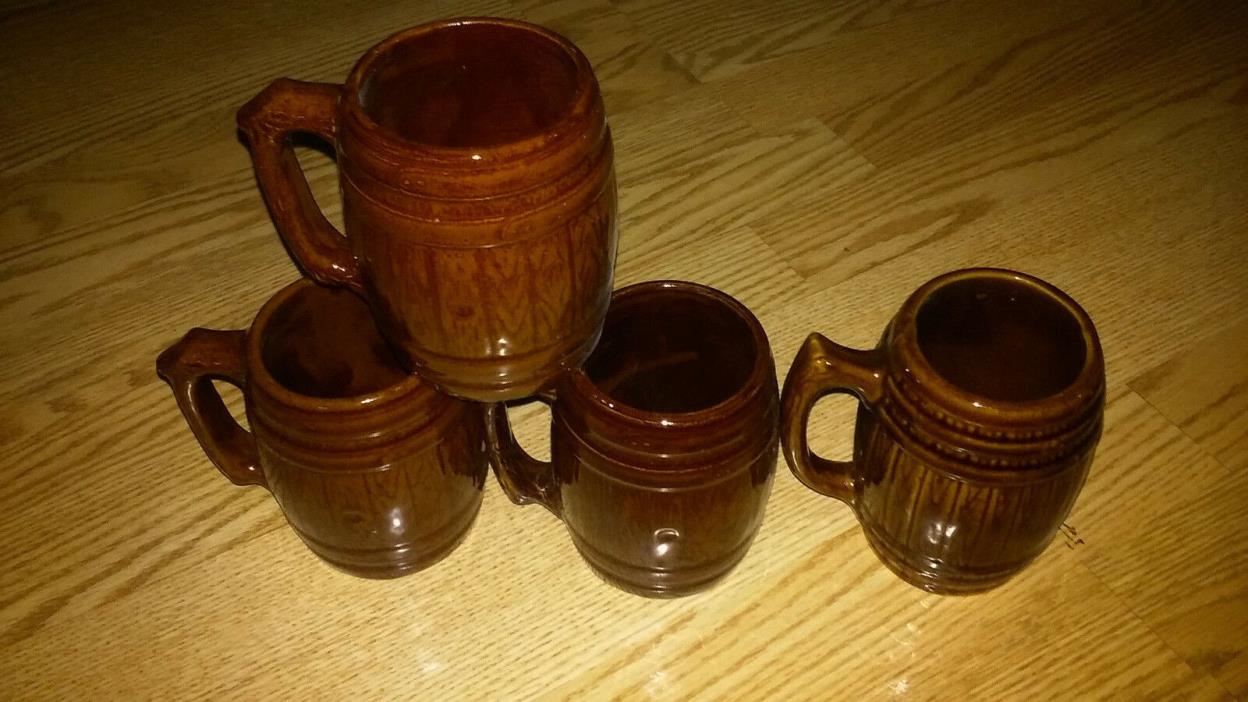 4 VINTAGE STONEWARE POTTERY BROWN WOOD GRAIN BARREL MUGS CUPS UNMARKED