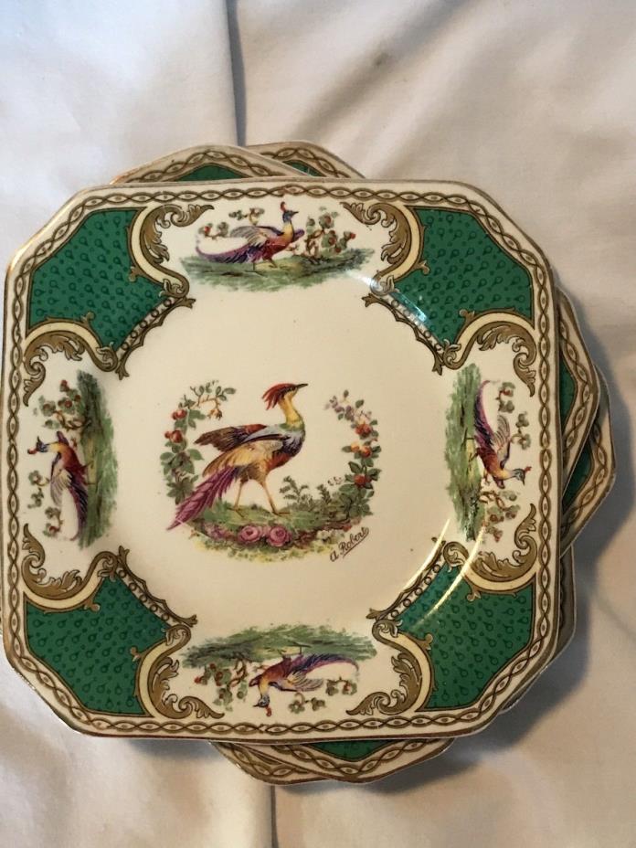 Set Of 7 Chelsea Bird Myott Staffordshire Dessert Plates In Green