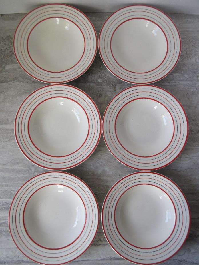 Set of 6 Myott Manchuria Art Deco Red Silver Stripe Rimmed Soup Bowls 8