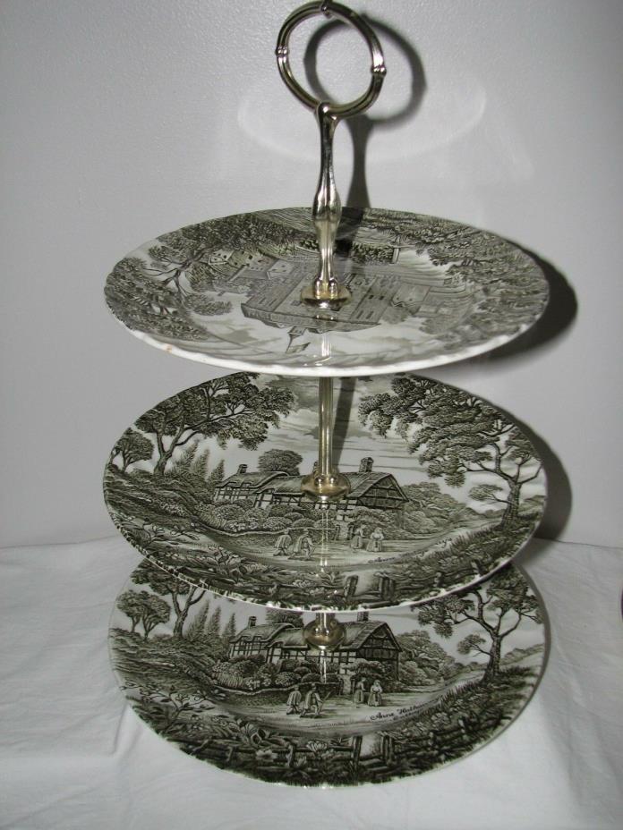 green transferware 3 tier TIDBIT TRAY server SHAKESPEARE Royal Essex ironstone