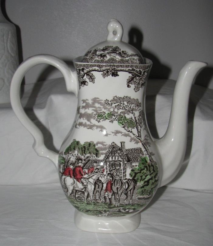 brown multi transferware England Myotts Country Life Coffee Pot Horses hunting