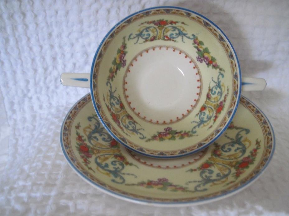 ANTIQUE MYOTT STAFFORDSHIRE SEVILLE TWO HANDLED BULLION CONSOMME CUP & SAUCER