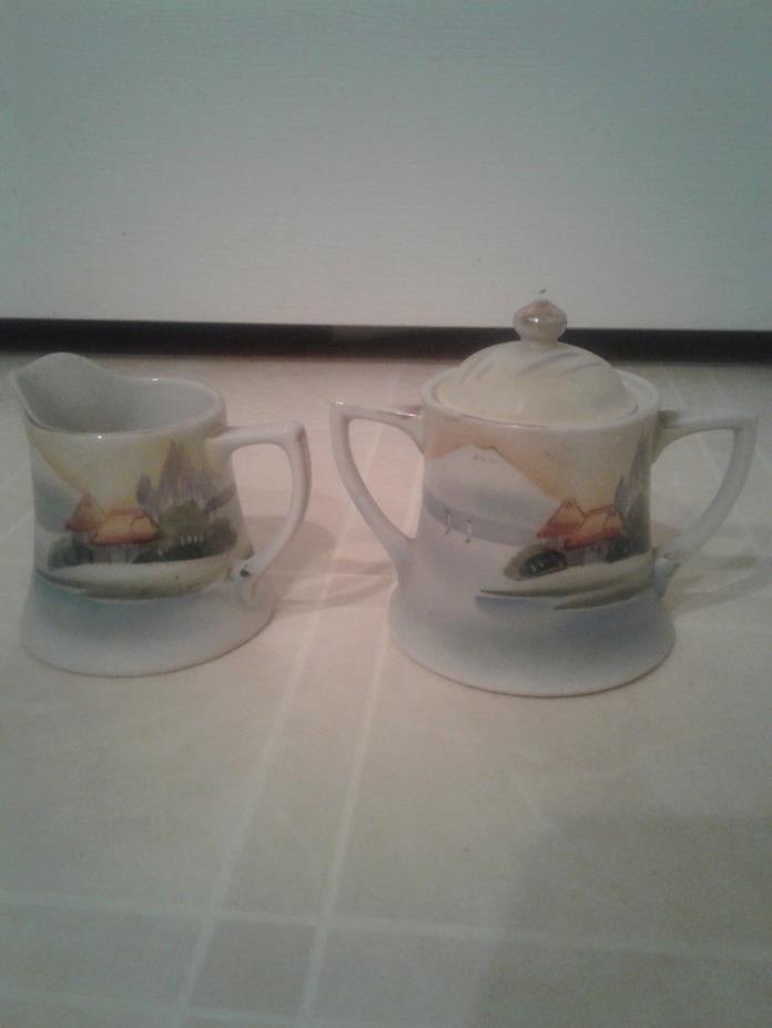 Nippon Antique Porcelain Creamer & Sugar Bowl Set, Landscape Scene