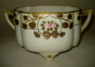 Antique Nippon Handled Footed Dish Bowl PINK ROSES HEAVY GOLD Hand Painted DECO