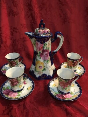 Antique Nippon Chocolate Set Pot & 4 Cups Saucers Tea Coffee Hand Painted
