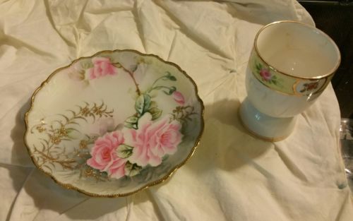 Nippon China Handpainted Gold Trim Beautiful Egg Cup & Plate Pink Roses