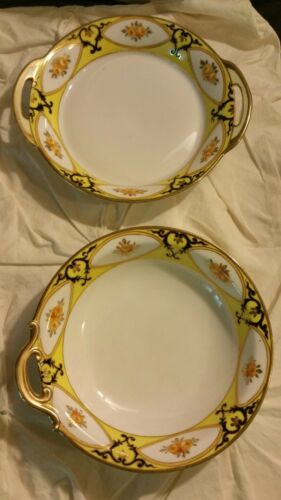 Nippon China Handpainted Gold Trim Beautiful 2 Bright Yellow Black Handled Bowls