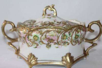 Vtg Hand Painted Moriage NIPPON Lidded Footed Dish Tureen Gold Pink Green 9.5