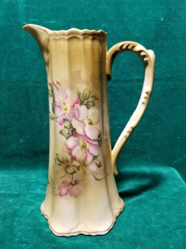 Vintage Hand Painted Nippon Chocolate Pot Green w Pink Blossoms Japan
