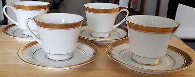 4) Noritake Crestwood Gold Coffee Cups & 4) Saucers 4167 Fine Porcelain New