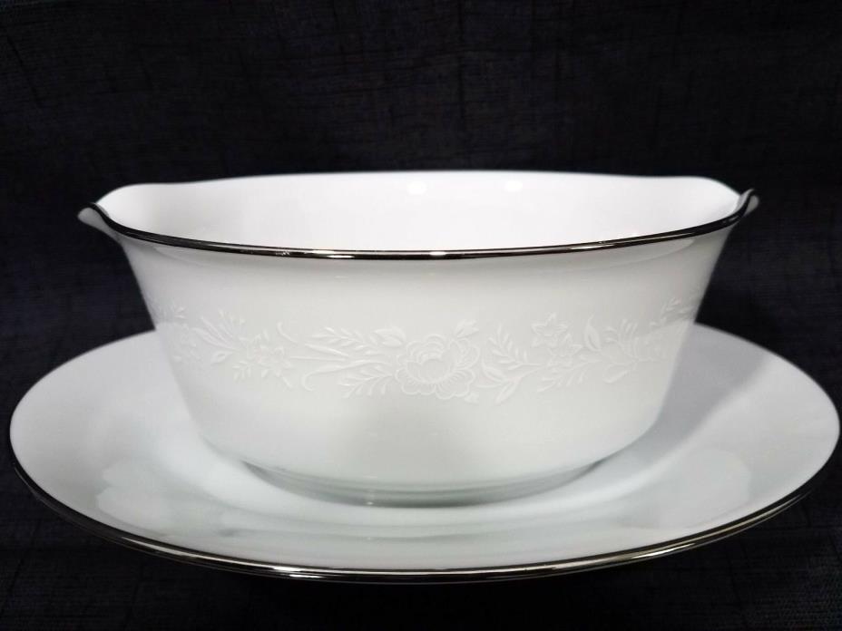 Noritake REINA Gravy Bowl With Attached Under Plate Japan Platinum/Silver Trim