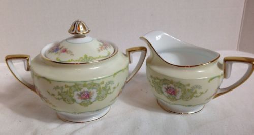 Vintage Noritake GLENDOLA Creamer and Sugar Bowl with Lid Creme Green Gold Trim