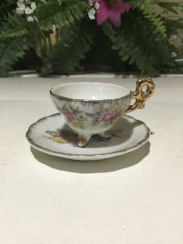 Vintage Hand Painted Porcelain Minature Tea Cup & Saucer Pink Floral Design Gold