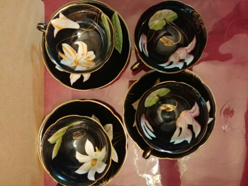 Princess China Florals On Black Occupied Japan Teacup And Saucer Set 4 teacups