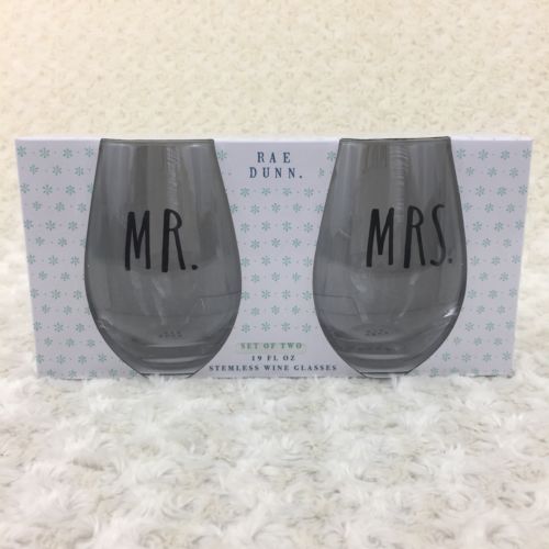 Rae Dunn Glassware Set of Two MR. MRS. Stemless Wine Glasses 19 oz Gift Box New