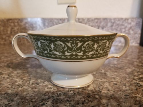 Vintage Bristol Spanish Scroll Green White Gold Sugar Bowl