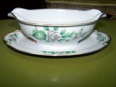 Virginia by Regal China w/ White Flowers & Green Leaves Gravy Boat w/ Liner