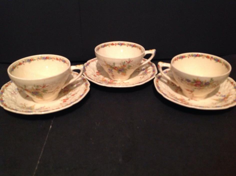 3 SETS CUPS AND SAUCERS BY CROWN DUCAL FLORENTINE CHATHAM PATTERN