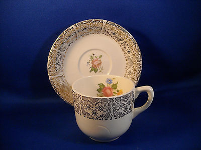 VINTAGE DEMI WHITE CUP & SAUCER W/WIDE GOLD DECORATIVE  BAND ON BOTH    NO MAKER