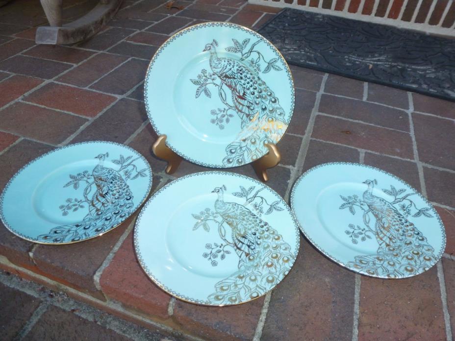 NEW SET 222 FIFTH TURQUOISE & GOLD PEACOCK GARDEN SALAD PLATES DISHES